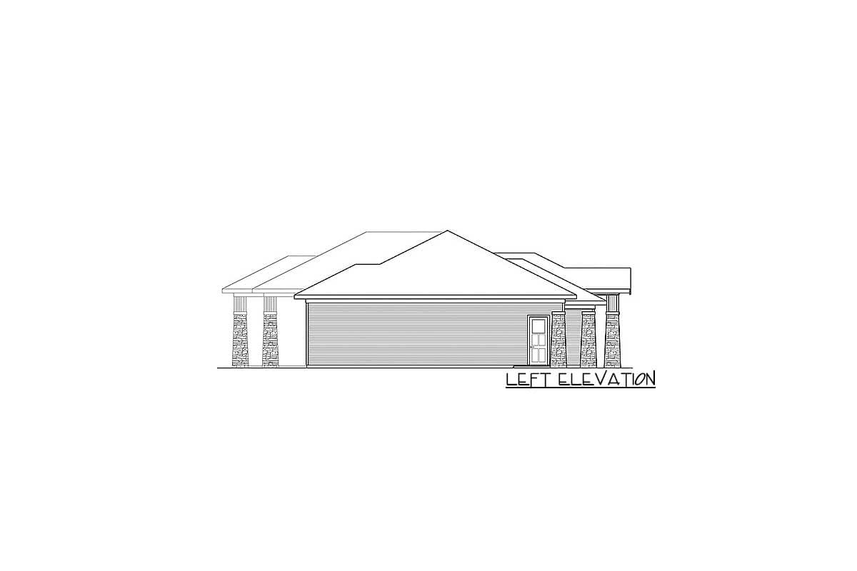 Left elevation house plan drawing showing a single-story home with gabled rooflines and stone-clad columns.