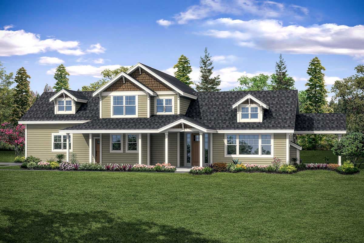 House plan exterior. Two-story Craftsman home with a front porch, multiple dormers, and gabled rooflines.