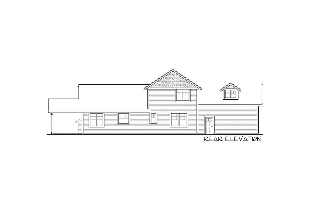 Rear elevation drawing showing a two-story house with a covered porch, gables, dormers, and multiple windows.