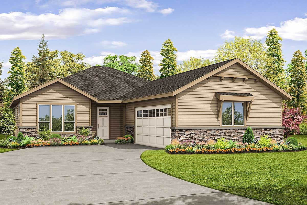 House plan exterior with Craftsman style. Features include a side-entry garage, stone veneer, and a gable roof with dormers and bracketed eaves.