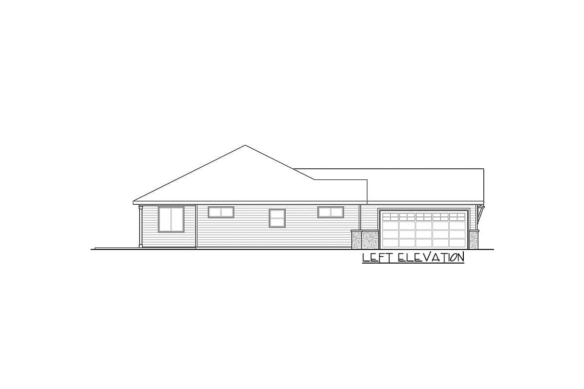 Left elevation drawing of a one-story house plan with a two-car garage, gable roof, and horizontal siding.