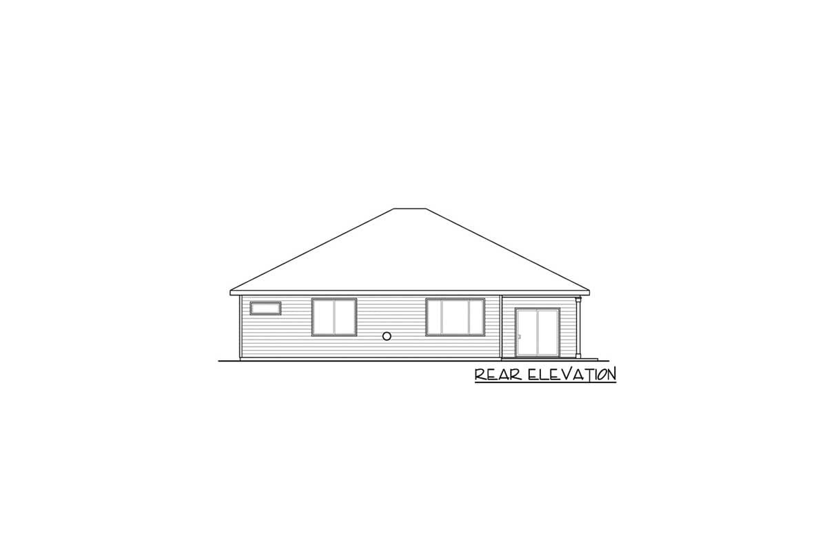 Rear elevation drawing of a single-story house with horizontal siding, three windows, and a glass door.