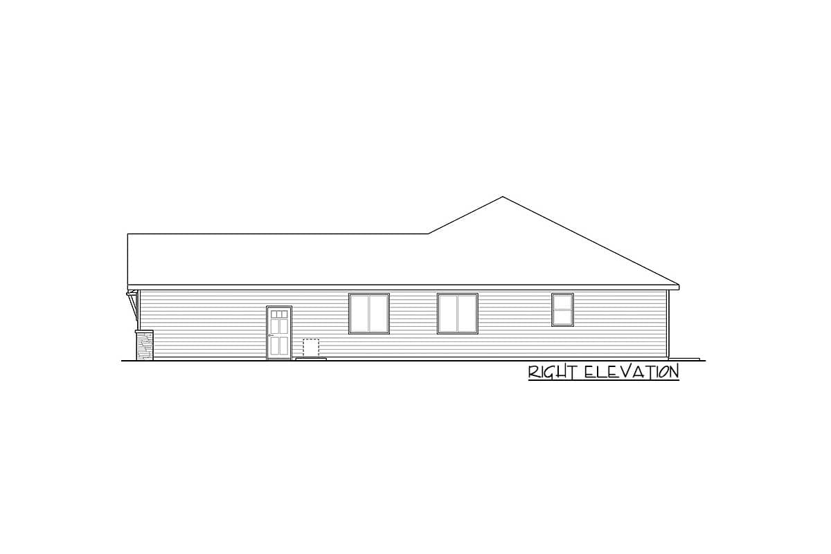 House plan, right elevation drawing of a single-story home with horizontal siding, three windows, and a door.