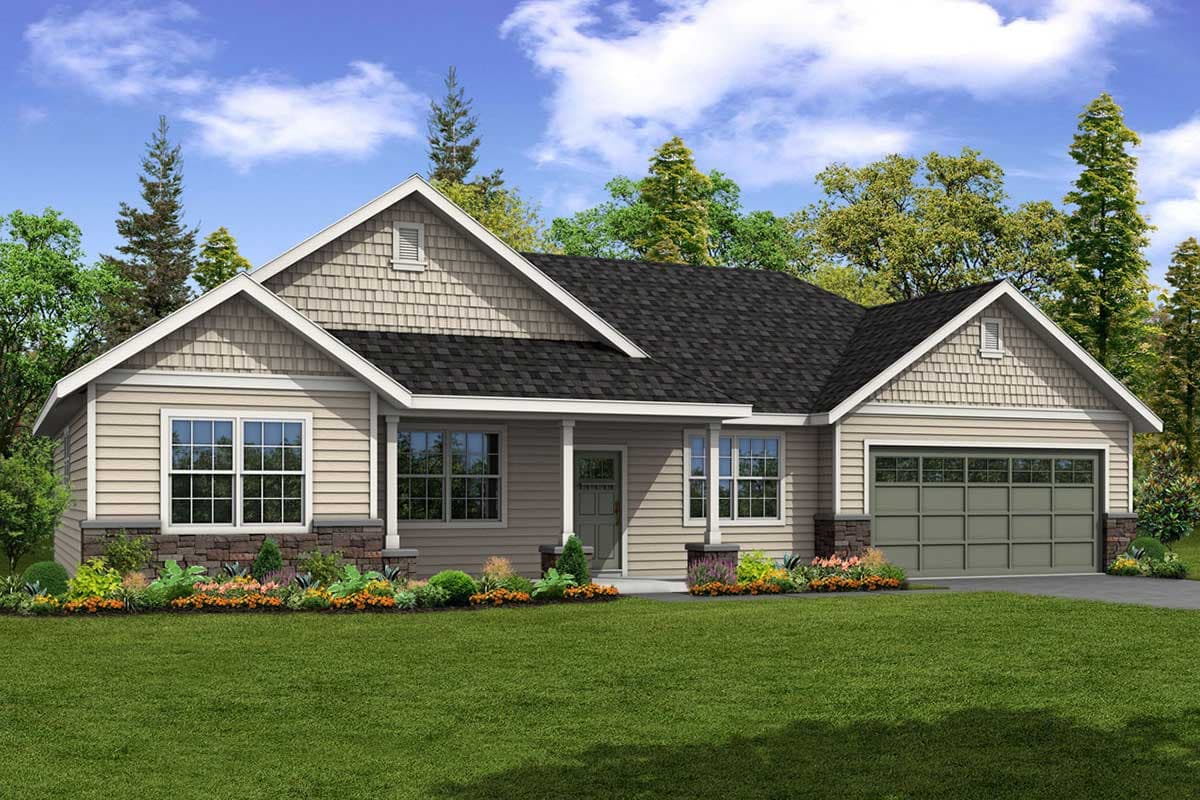 House plan exterior. Craftsman style, one story home with gables, a covered porch, and a side-entry garage.