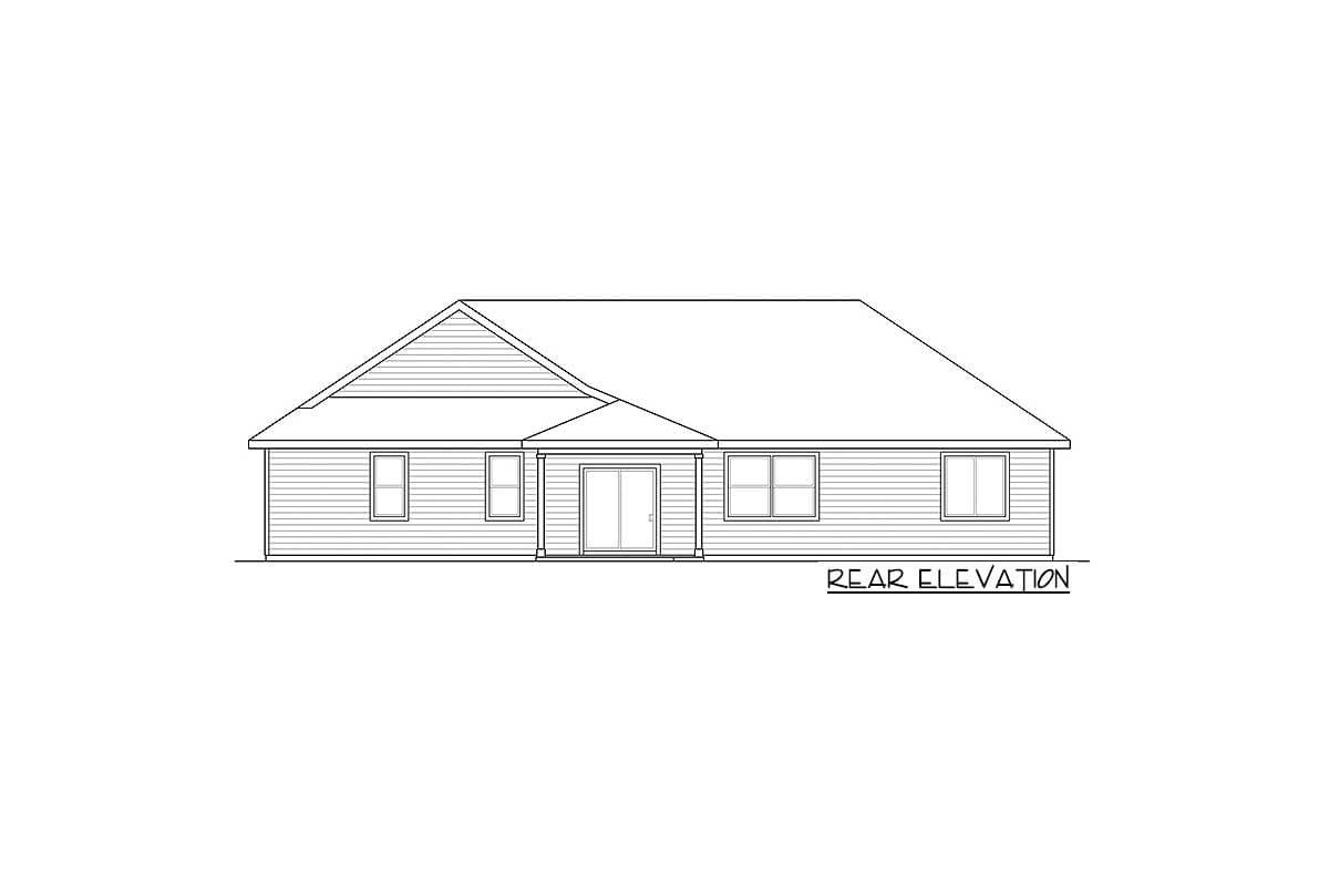 Rear elevation drawing of a one-story house with a gable and a sliding glass door.