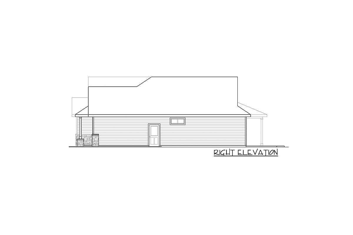 Right elevation drawing of a one-story house plan featuring horizontal siding, a front-facing door, and a covered porch with stone pillars.