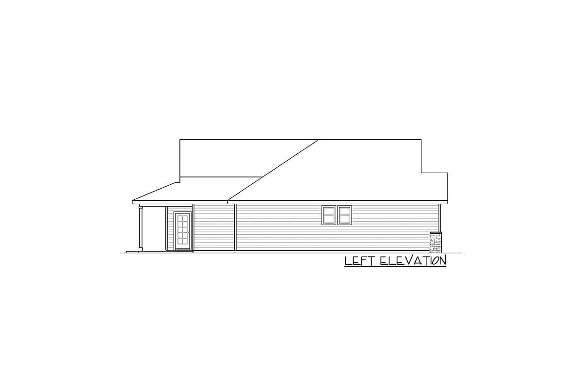 Left elevation drawing of a house plan showing a gabled roof, front porch, and horizontal siding.
