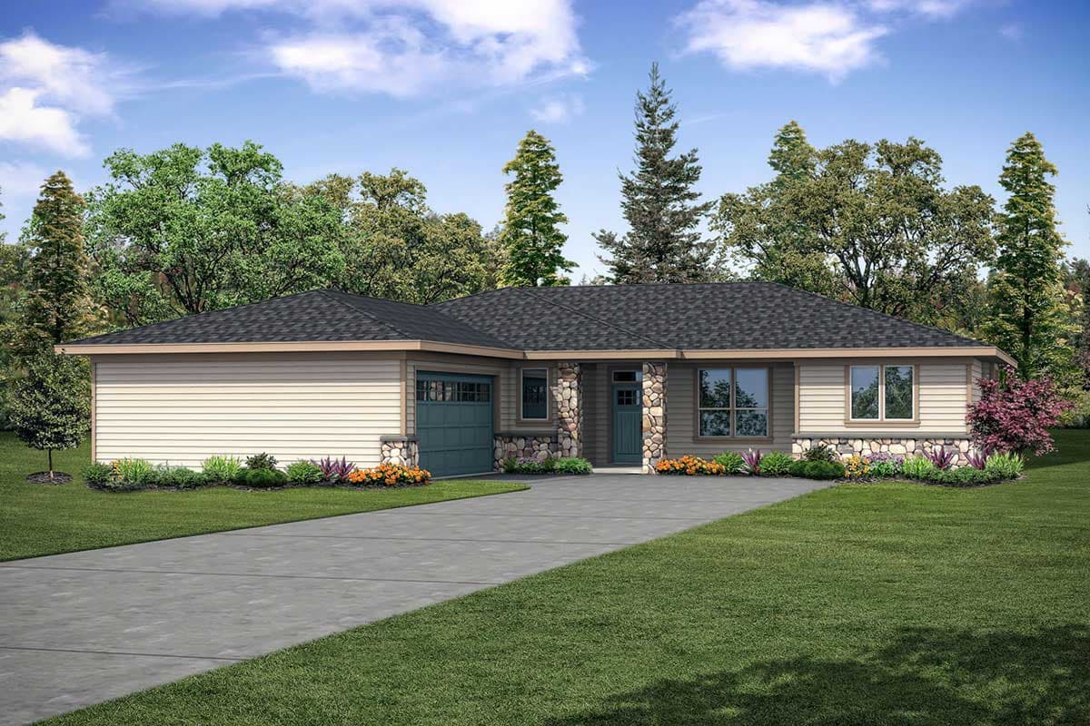 House plan exterior featuring a one-story, modern-style home with a stone-clad entry, attached garage, and a low-sloped roofline.