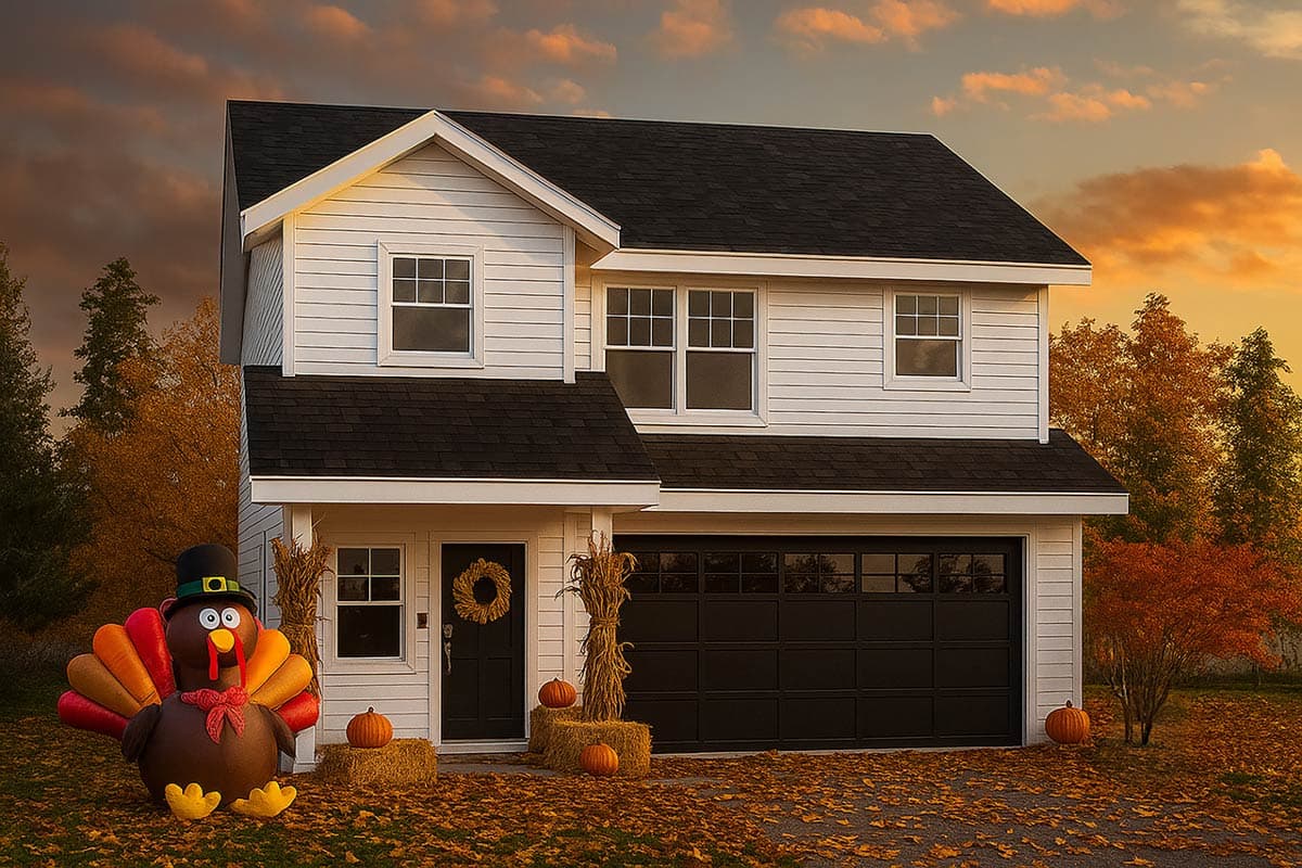 Two-story house plan exterior with white horizontal siding, black roof, and attached two-car garage.