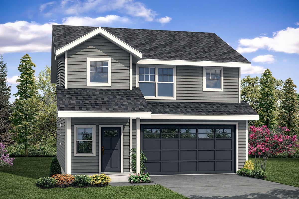 Two-story house plan exterior with gabled roof, side-facing garage door, and prominent front entrance.