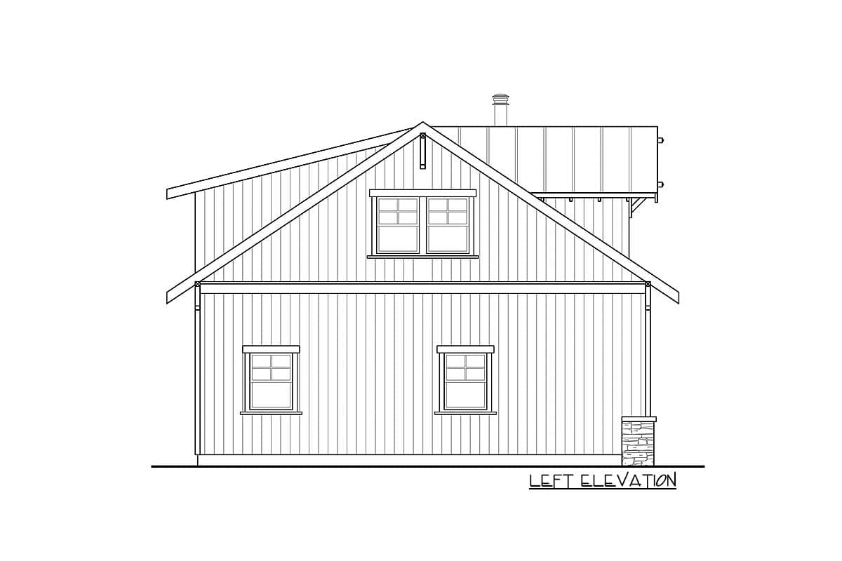 Left elevation drawing of a two-story house plan with gabled roof, dormer window, and two main level windows.