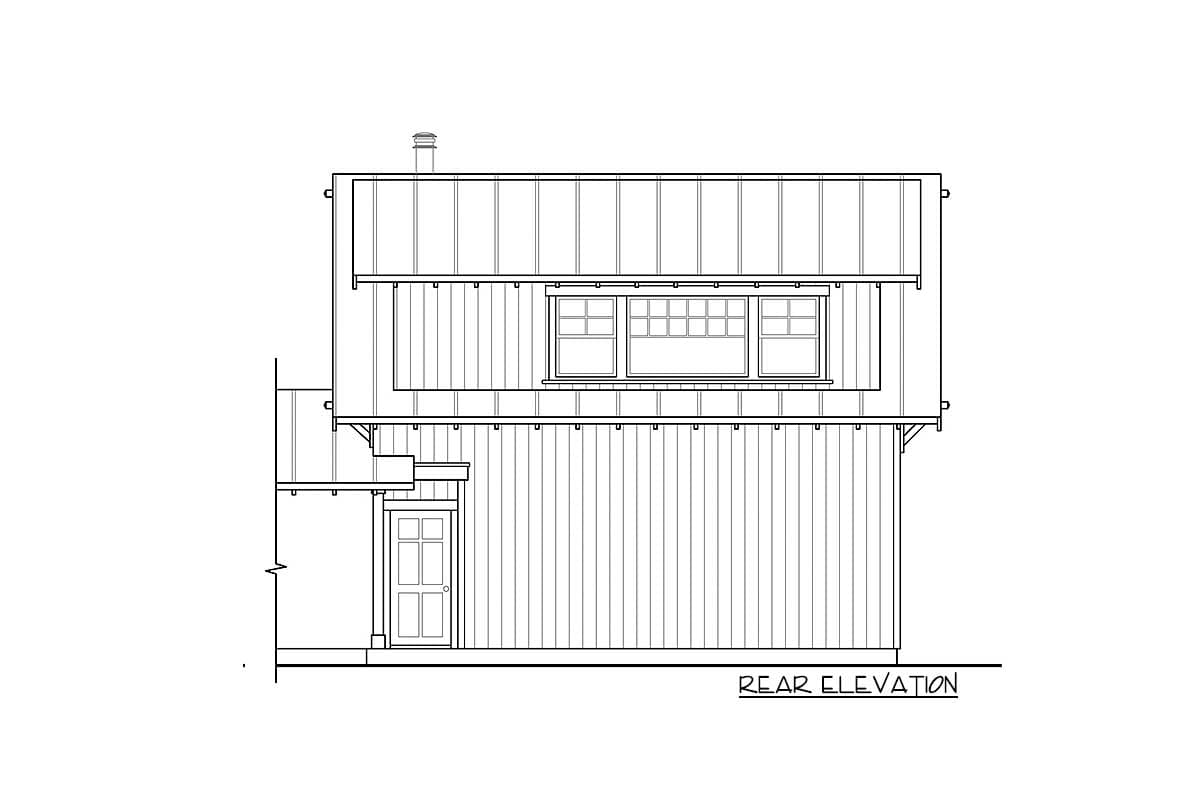 Rear elevation drawing of a house with vertical siding, a horizontal band of windows, and a central door with a small covered entrance.