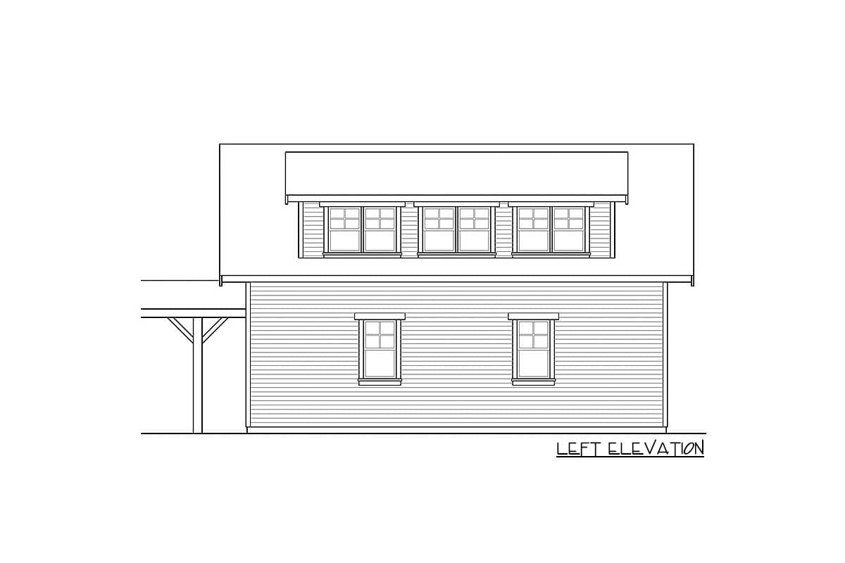 Left elevation drawing of a house plan, showing horizontal siding and two levels of windows.
