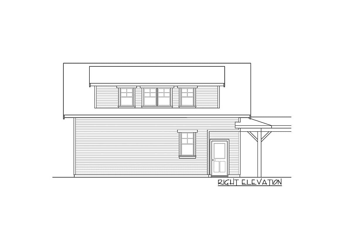 Right elevation drawing of a two-story house plan, showing horizontal siding, a door, and multiple windows.