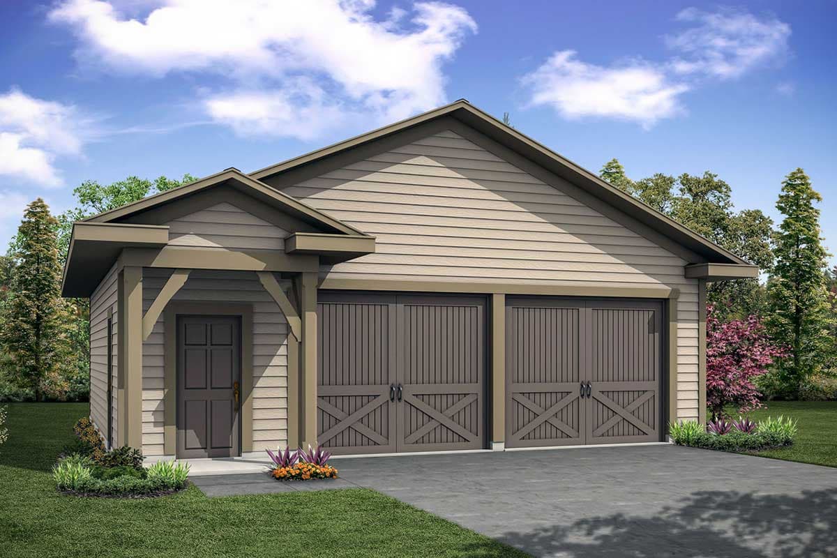 House plan exterior with two-car garage, Craftsman-style entrance porch, and gable roof. Siding is horizontal lap siding.