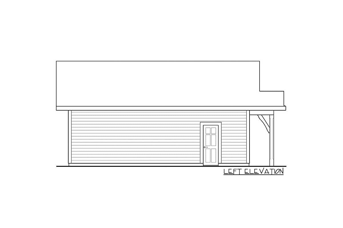 Left elevation house plan drawing showing a single-story structure with horizontal siding, a door, and a covered porch support.