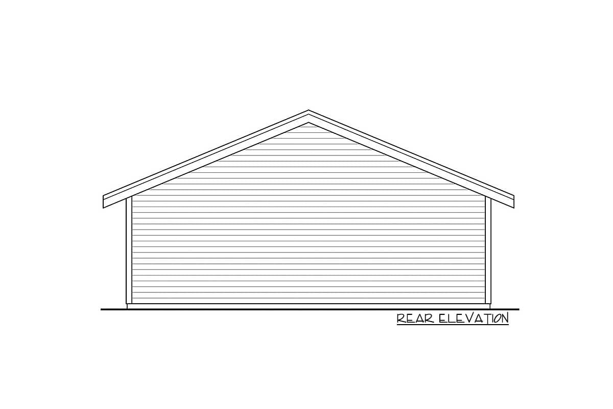 Rear elevation drawing of a house with horizontal siding and a gabled roof.
