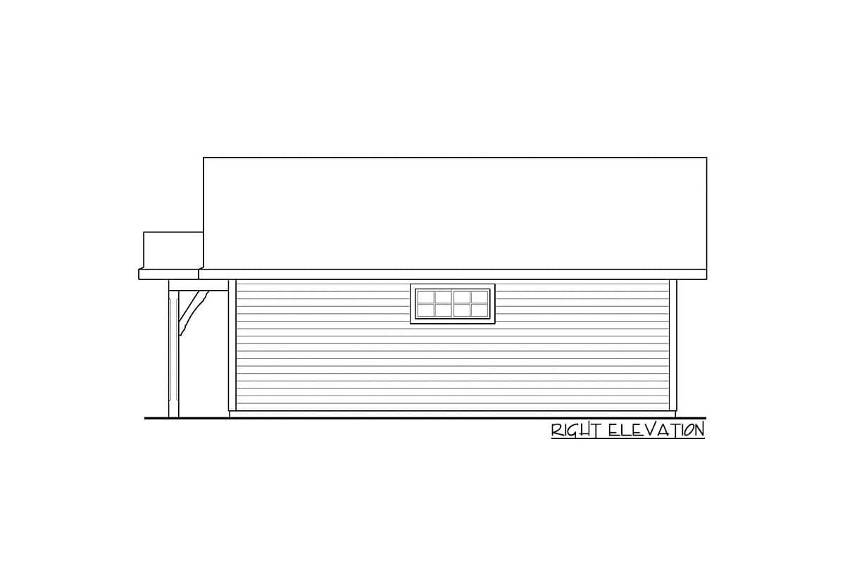 Right elevation drawing of a house plan showing a single-story structure with horizontal siding and a small window.