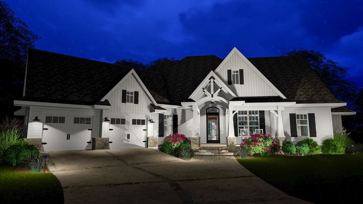 Modern Farmhouse house plan exterior with a three-car garage, gable dormers, covered front porch with beam details, and white siding.