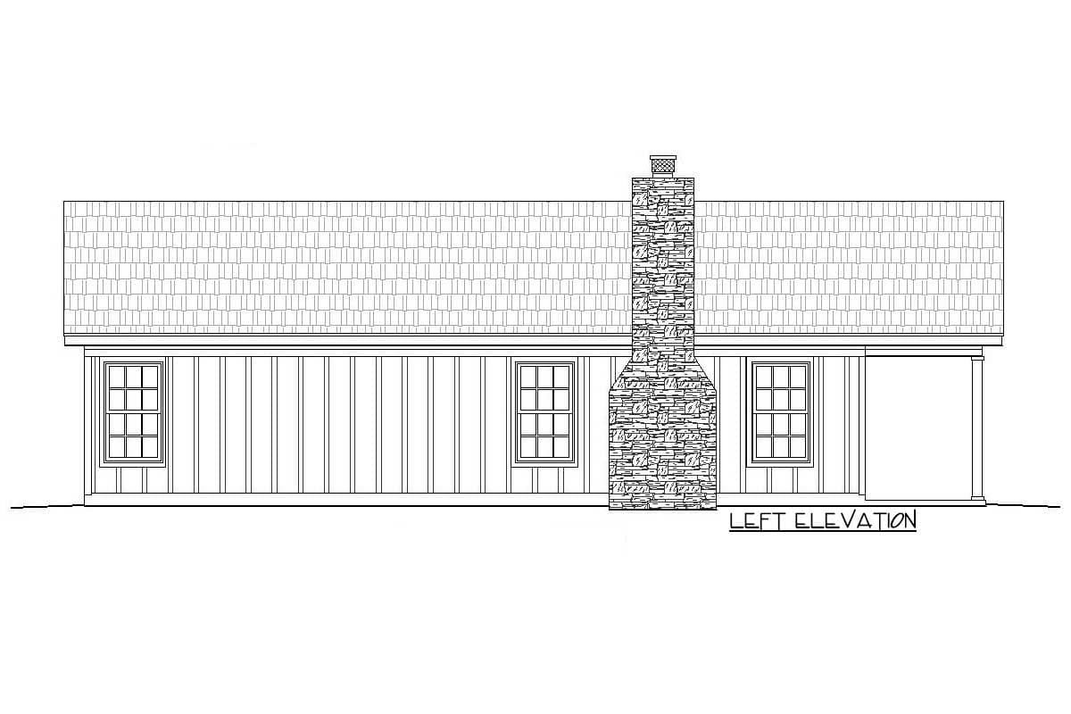 Left elevation house plan with vertical siding, three windows, and a stone chimney.