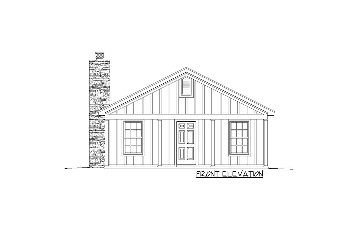 Front elevation drawing of a one-story house with a stone chimney, board and batten siding, and a central entryway.