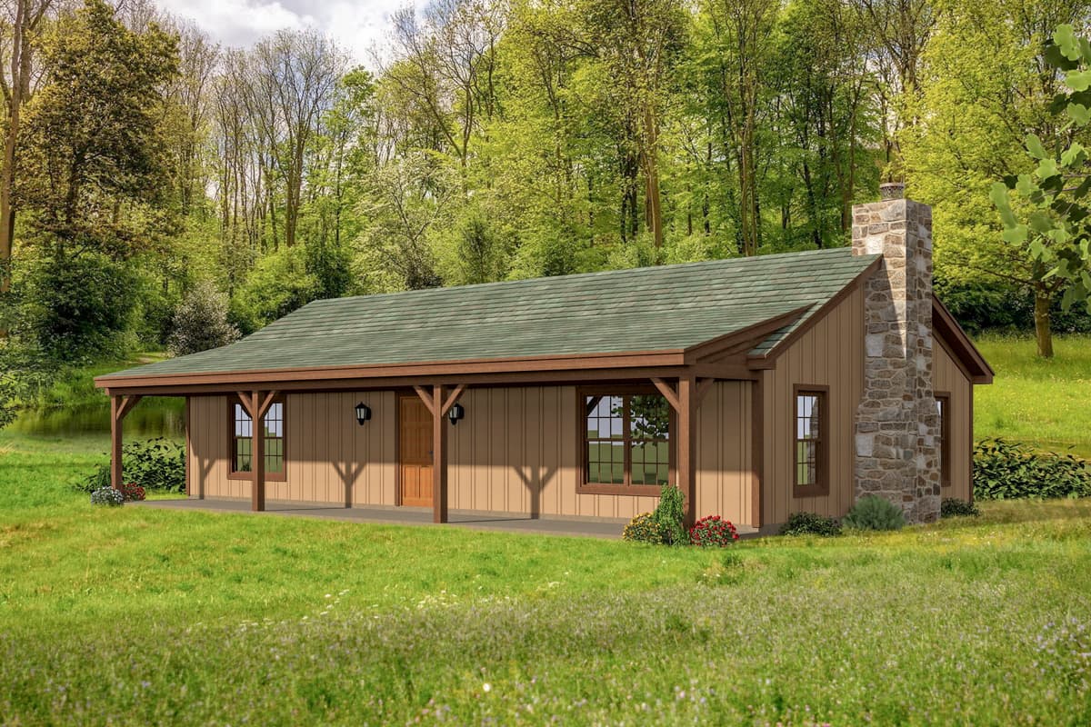 House plan exterior. Single-story Ranch style with covered porch, stone chimney, and gable roof. Includes wooden support beams and trim.