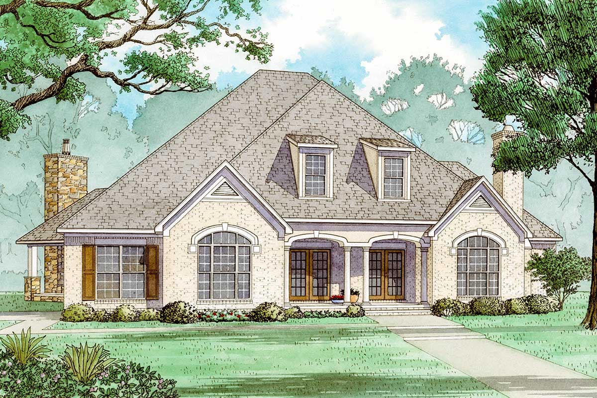 House plan exterior: One-story brick home with arched windows, gabled dormers, a covered porch with columns, and a stone chimney.