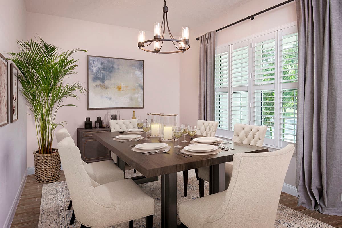 Dining room with dark wood table, tufted chairs, large windows with shutters, and abstract wall art.