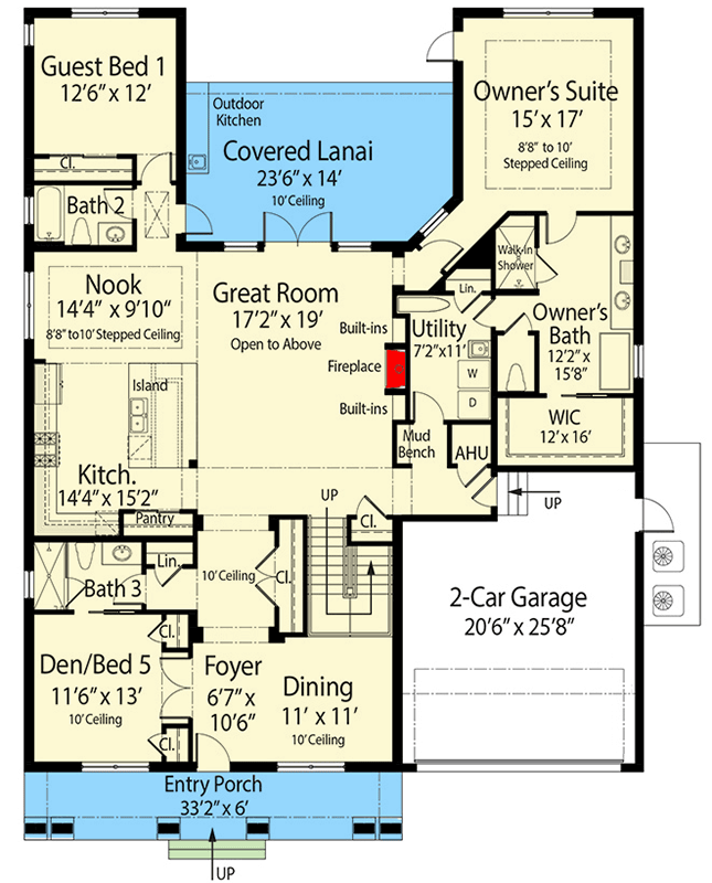 Plan 33205ZR:  Transitional House Plan with Flex Room and Outdoor Kitchen - 3582 Sq Ft - Floor Plan - Main Level - Coastal, Coastal Contemporary, Contemporary, New American, Southern, Transitional
