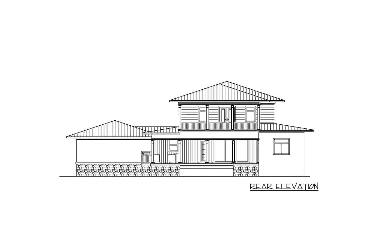 Rear elevation drawing of a two-story house with a covered porch, balcony, and stone foundation.