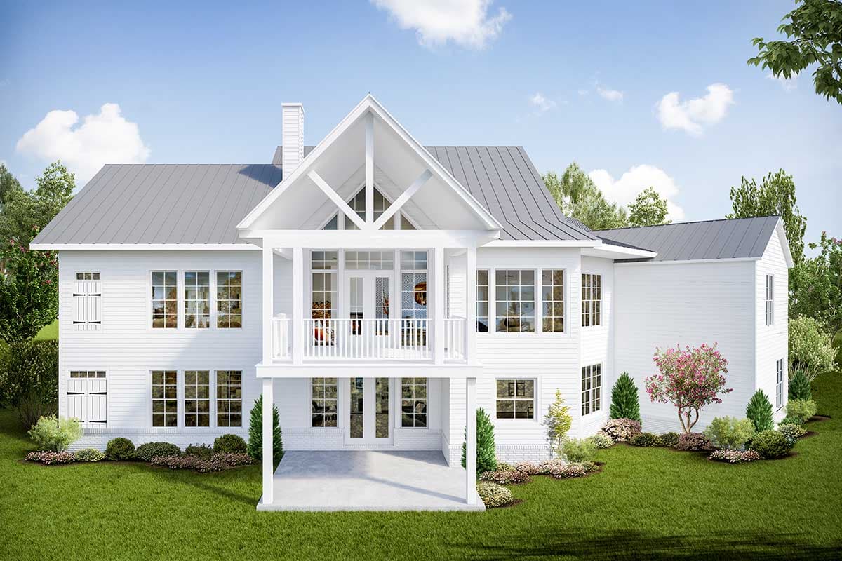House plan exterior of a two-story Modern Farmhouse with a metal roof, prominent gables, and a covered second-story balcony.