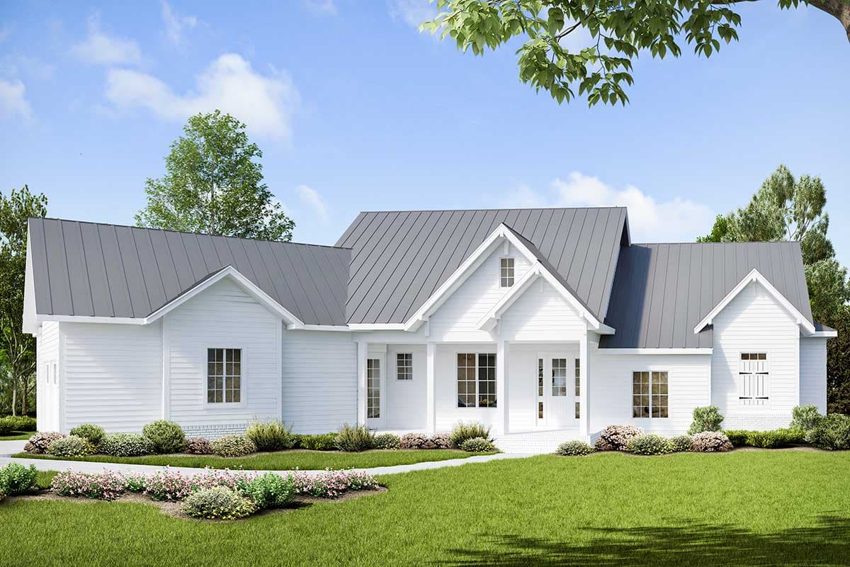 House plan exterior. White farmhouse style with gray metal roof. Features include gables, covered porch, and multiple dormers on the roofline.