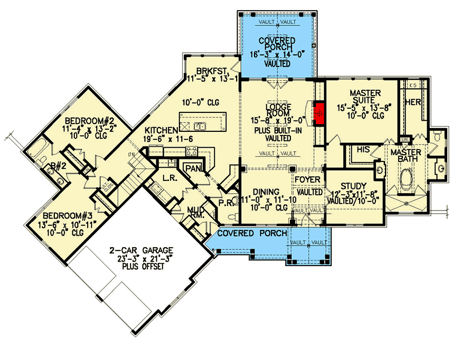 Plan 25640GE: 3-Bed Modern Craftsman House Plan with Angled Garage - Floor Plan - Main Level - Country, Craftsman, Ranch