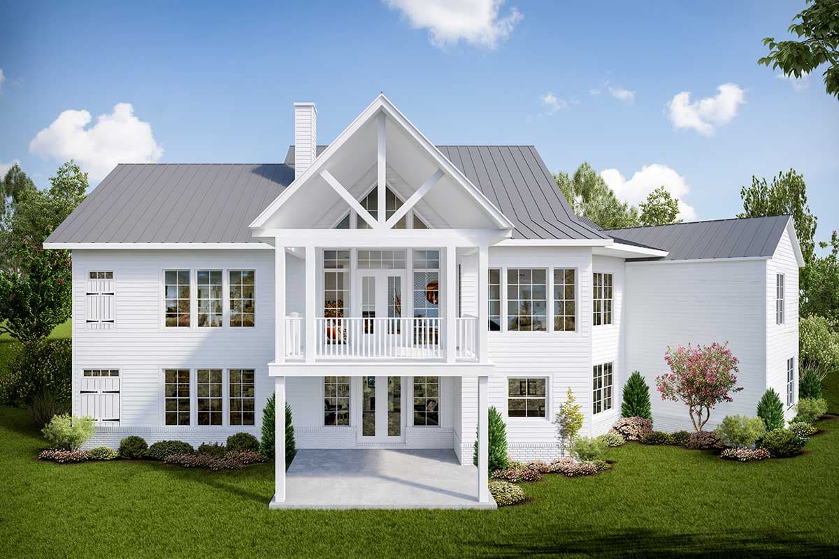 House plan exterior featuring a Modern Farmhouse style with white siding, metal roof, large windows, and a two-story covered porch.
