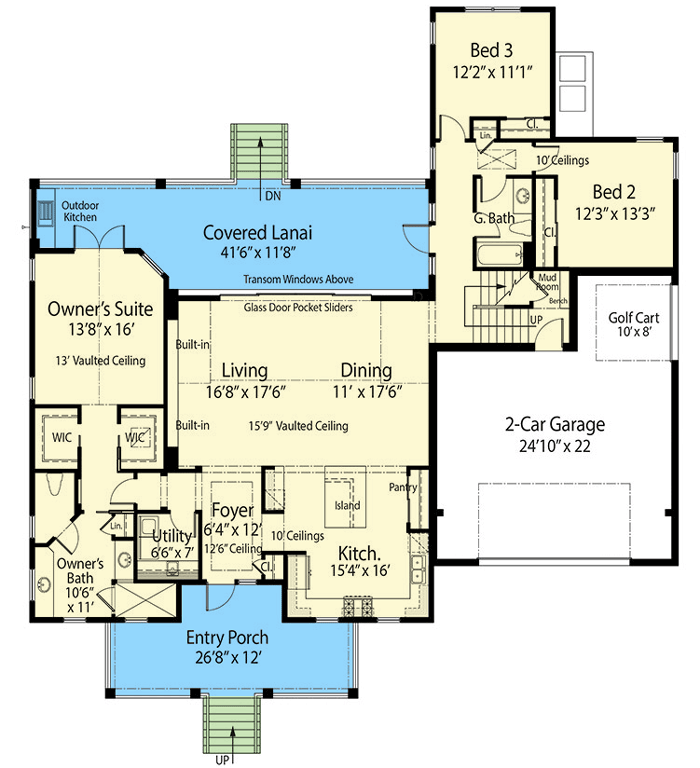 Plan 33207ZR: 2500 Square Foot Contemporary Coastal House Plan with Upstairs Studio - Floor Plan - Main Level - Beach, Coastal, Coastal Contemporary, Contemporary, Cottage, Florida-Style, Low Country, New American