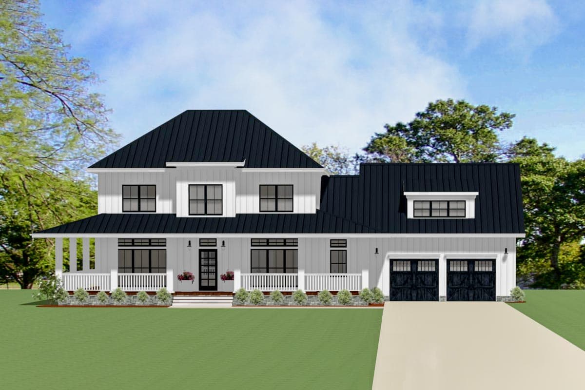 House plan exterior. Two-story Modern Farmhouse with a gabled roof, dormers, a wraparound porch, and a two-car garage.