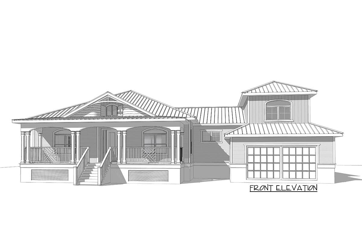 Front elevation drawing of a two-story house plan with a wraparound porch, gabled dormer, and attached garage.