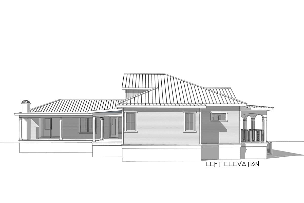Left elevation drawing of a single-story house with a metal roof, prominent porch with columns, and a chimney.