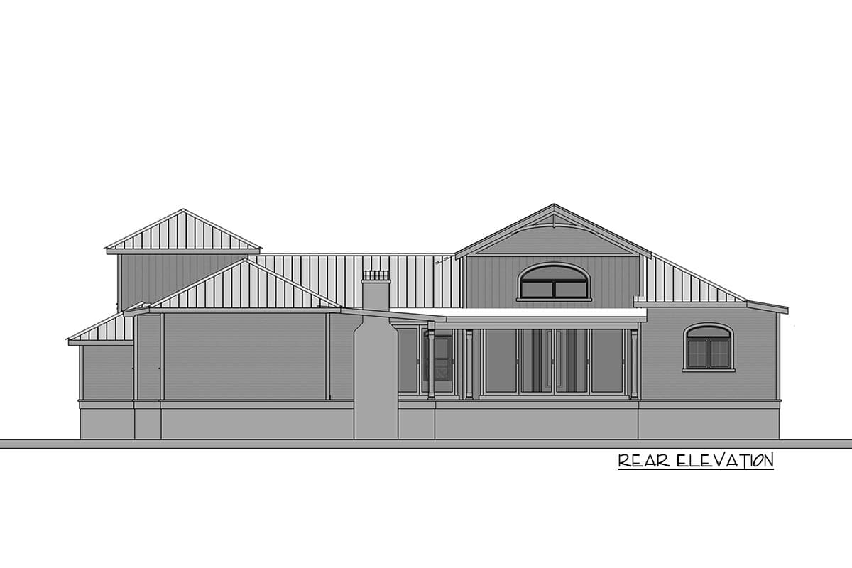 Rear elevation of house plan featuring multiple gables, a chimney, and arched windows.