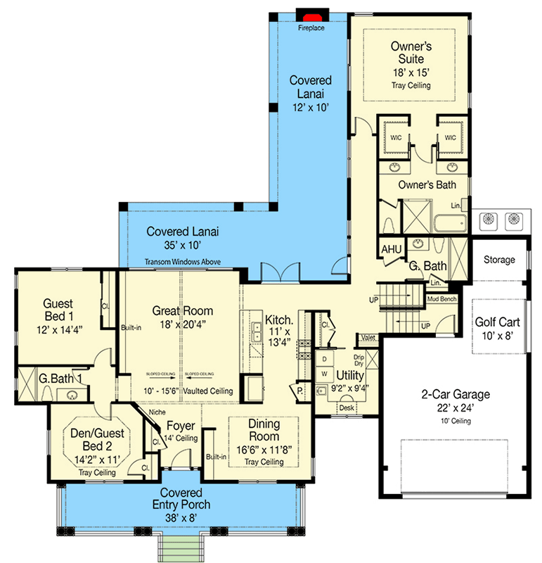 Plan 33208ZR: 2300 Square Foot Coastal Contemporary House Plan with Bonus Room - Floor Plan - Main Level - Coastal, Coastal Contemporary, Contemporary, Florida-Style, Southern, Vacation