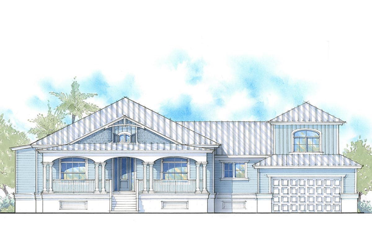 House plan exterior: One-story Modern Farmhouse with wraparound porch, metal roof, dormer, and attached two-car garage.