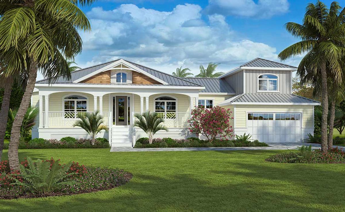 House plan exterior with two stories and a mix of rooflines. Features include a front porch, dormers, and an attached garage with overhead door.