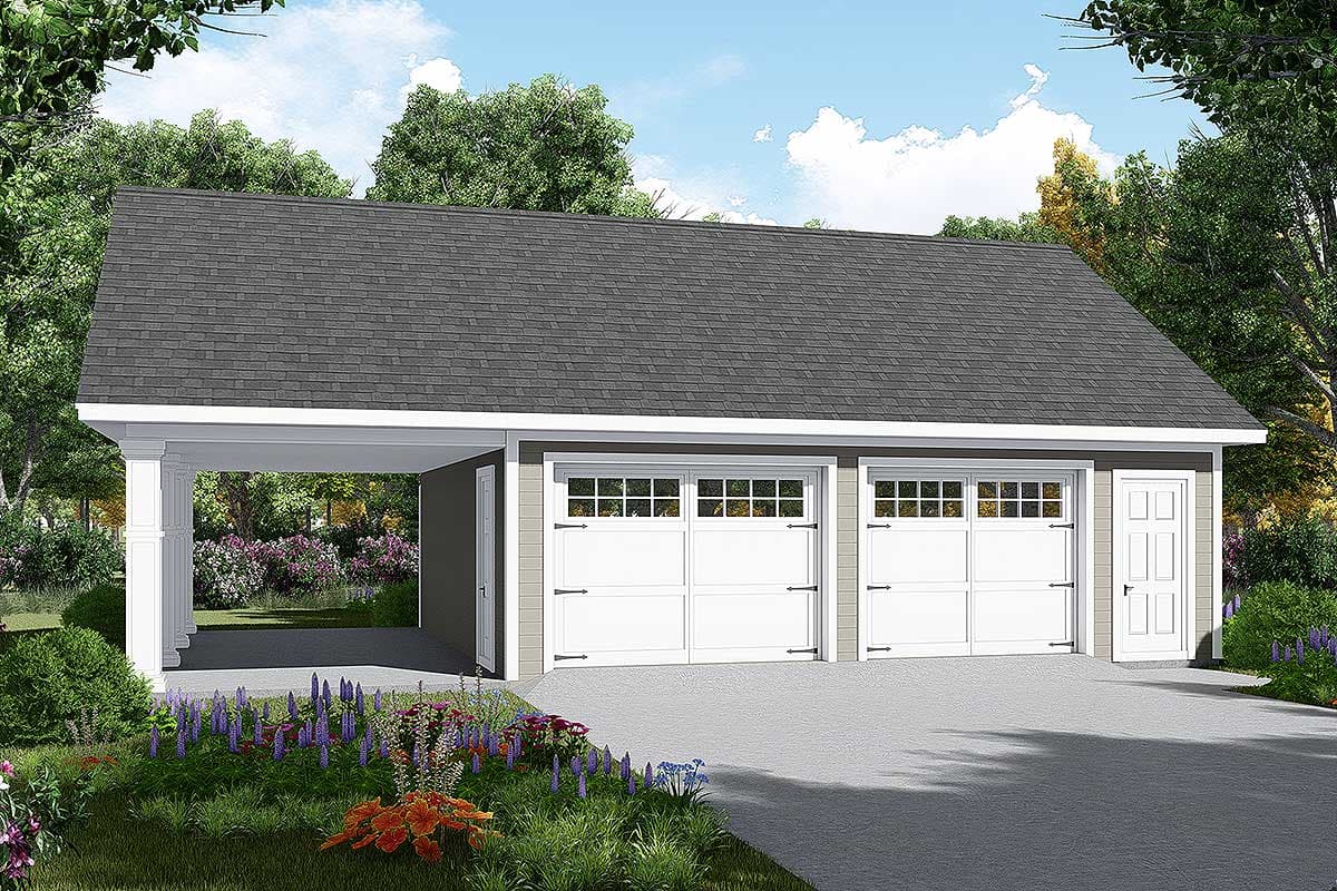 House plan exterior. Two-car garage with a covered carport, two overhead garage doors with multi-pane windows, and a side entry door. Gable roof.