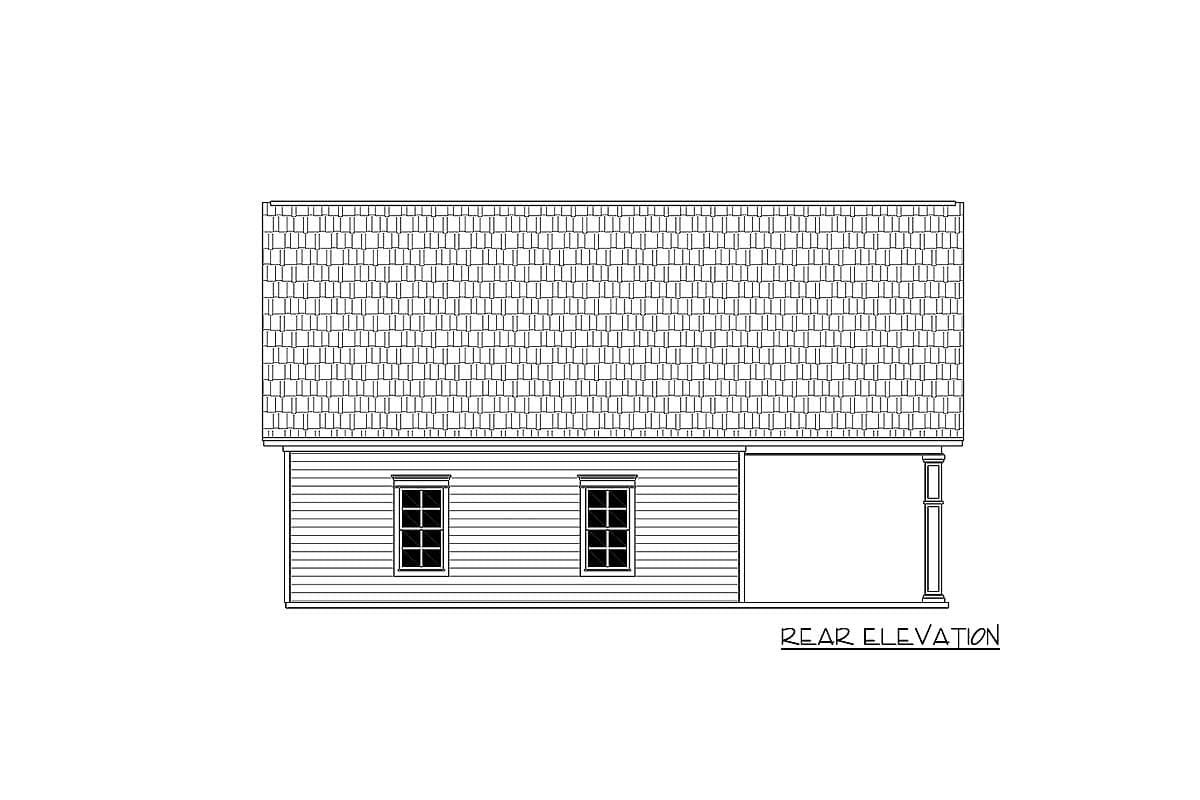 Rear elevation drawing of a house plan with two windows, horizontal siding, and a covered porch with one column.