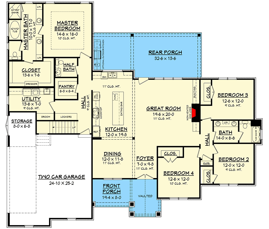 Plan 51778HZ: Open-Concept 4-Bed Craftsman Home Plan with Bonus Over Garage - 2589 Sq Ft - Floor Plan - Main Level - Country, Craftsman
