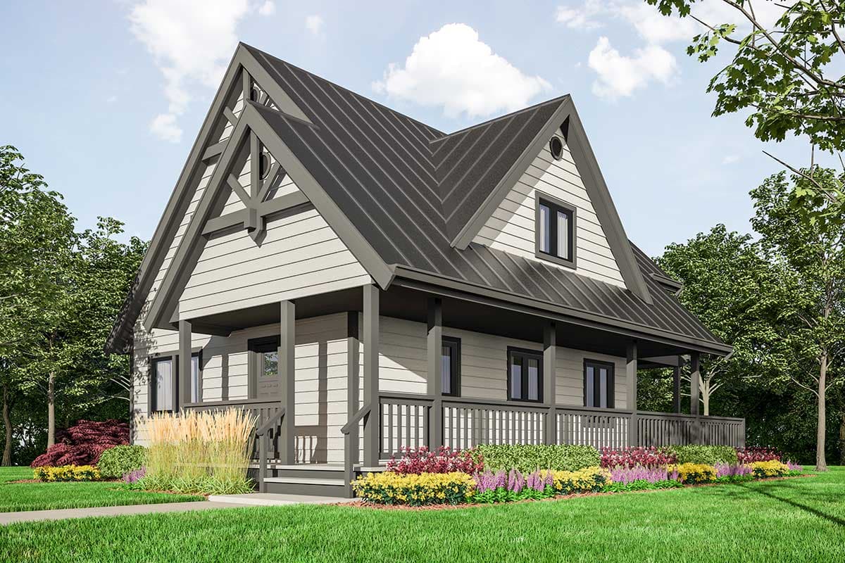 House plan exterior. Craftsman style, one-story house with a front porch, gables, and a dark metal roof. Features include decorative trim.