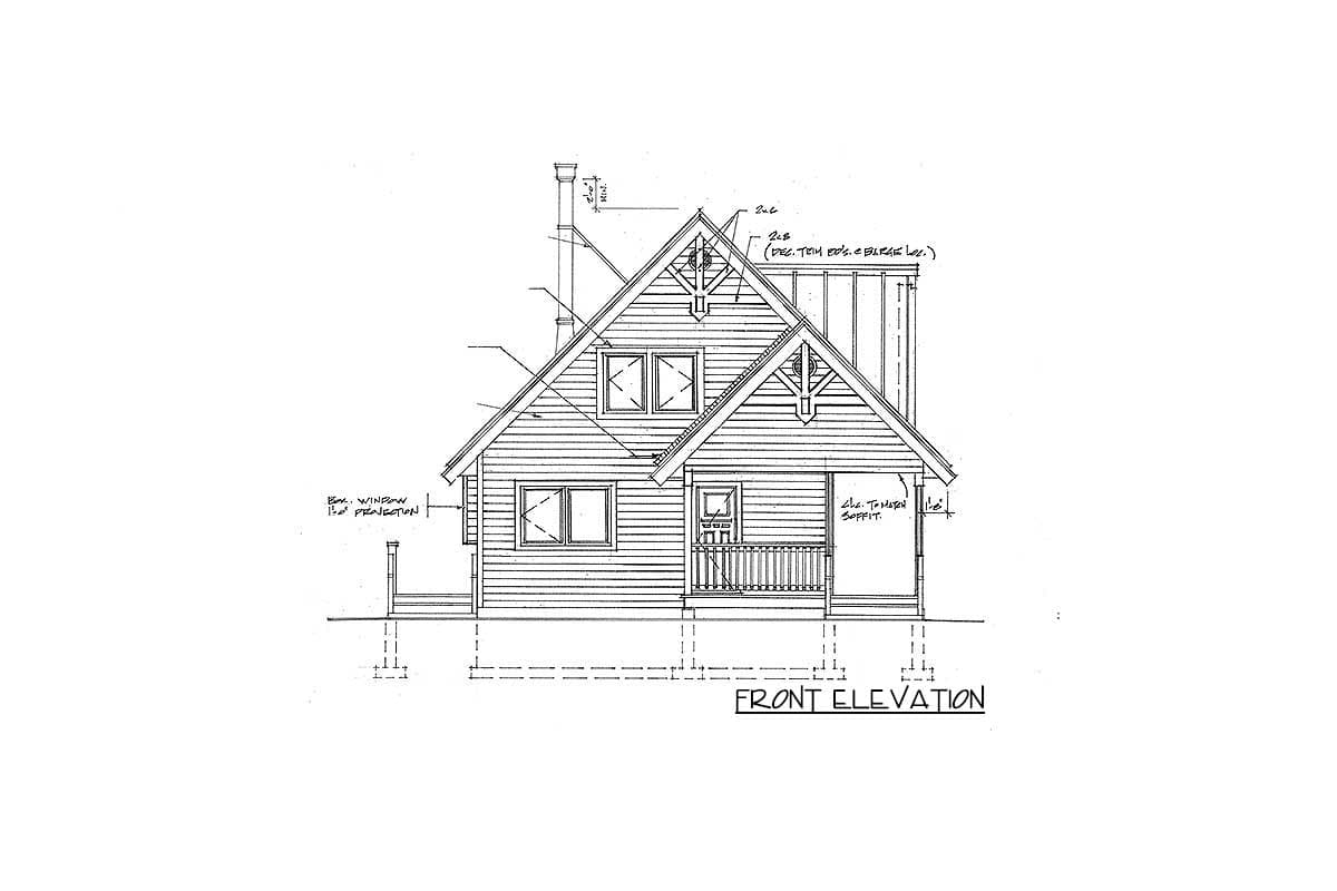 Front elevation drawing of a house plan showing a gabled roof, dormer, covered porch, and box window.
