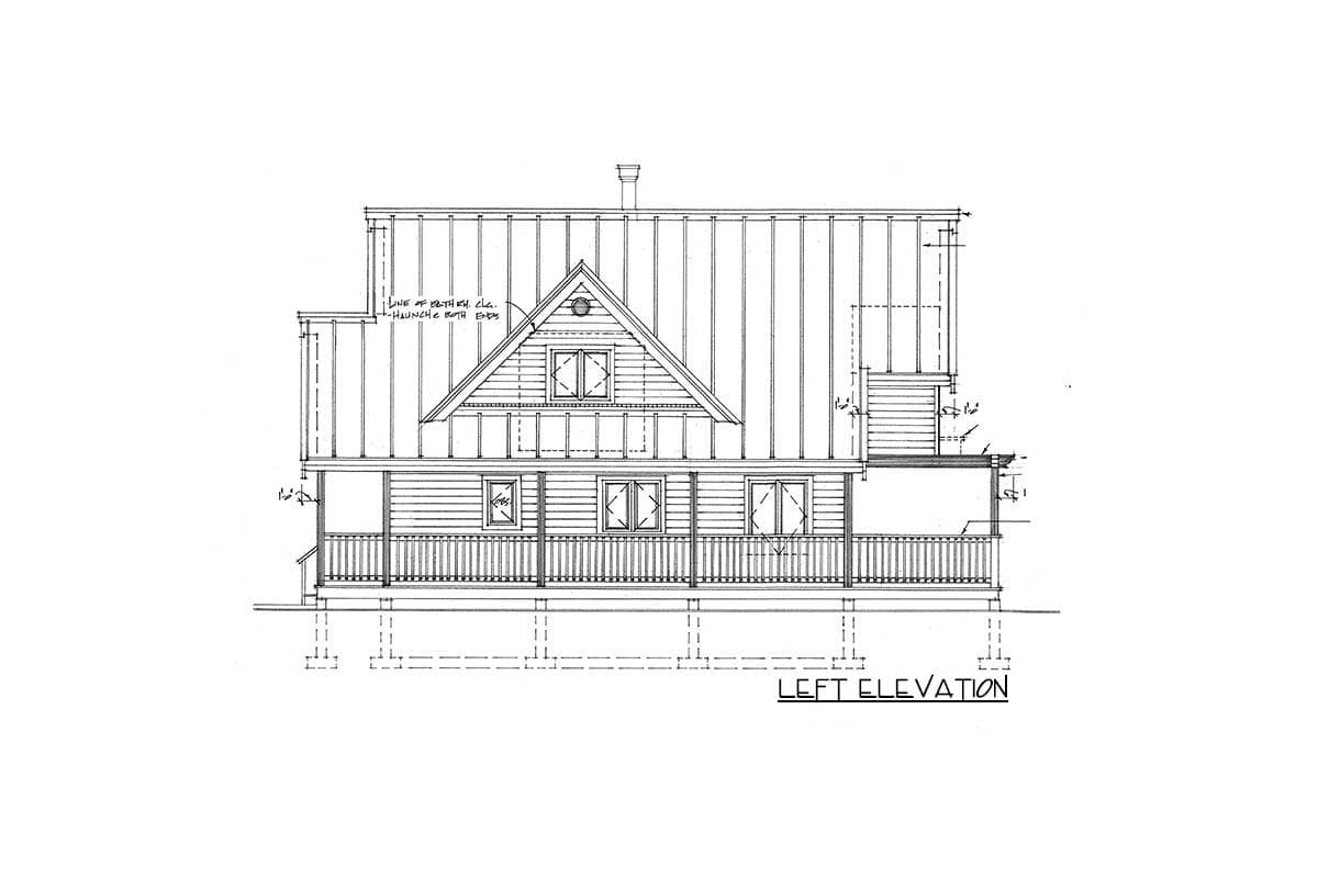 Left elevation of a two-story house plan featuring a metal roof, prominent gabled dormer, and a wrap-around porch.