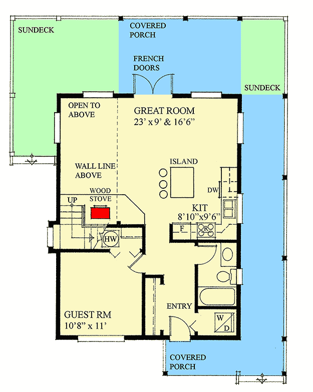 Plan 9841SW: 3-Bed Cottage House Plan with Upstairs Master Loft - Floor Plan - Main Level - Cabin, Cottage, Country, Mountain, Rustic, Vacation