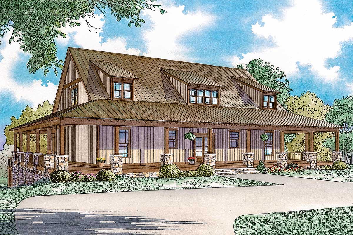 House plan exterior. Two-story farmhouse with a wrap-around porch, metal roof, and dormers. Stone columns support the porch roof.